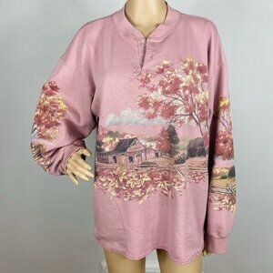 Vtg 90s Red Barn Farm Pocket Sweatshirt Size L XL All Over Print Nature Outdoors